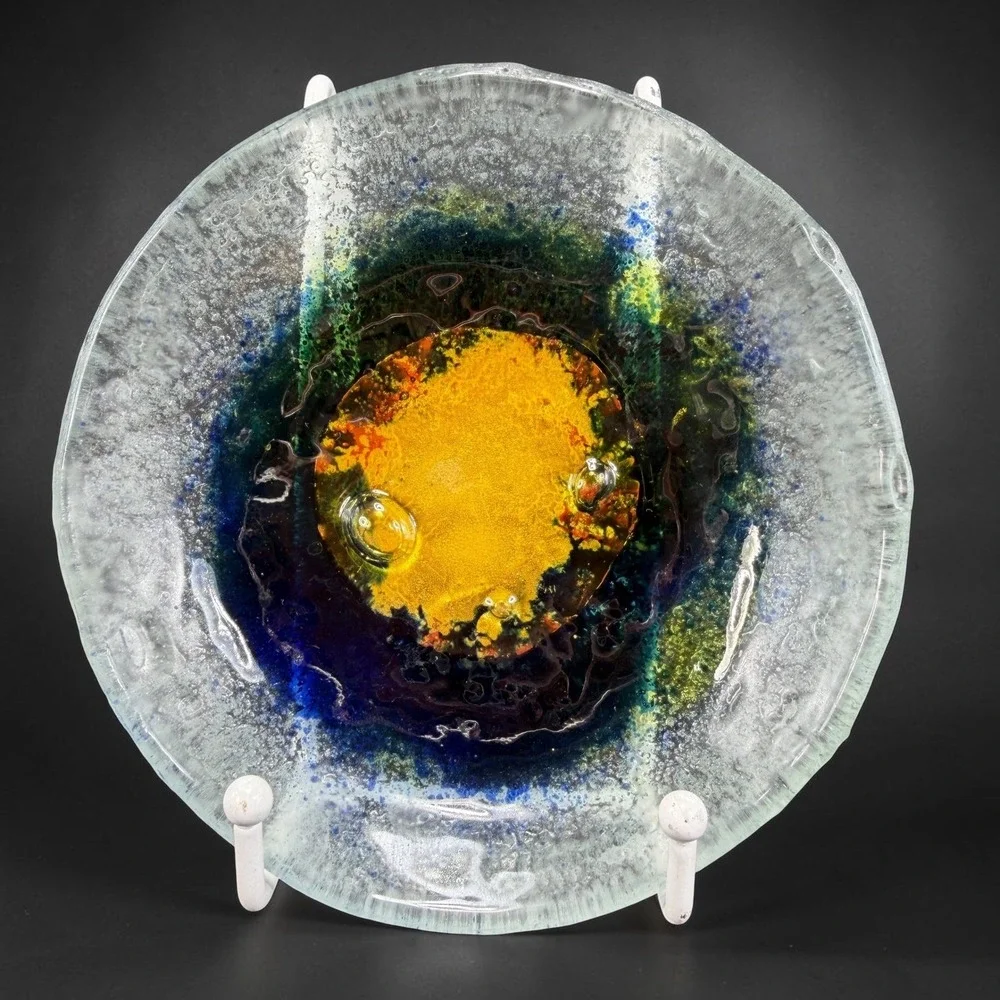Handmade Fused Glass Bowl Dish Blue Yellow Green Celestial Art Glass Catchall